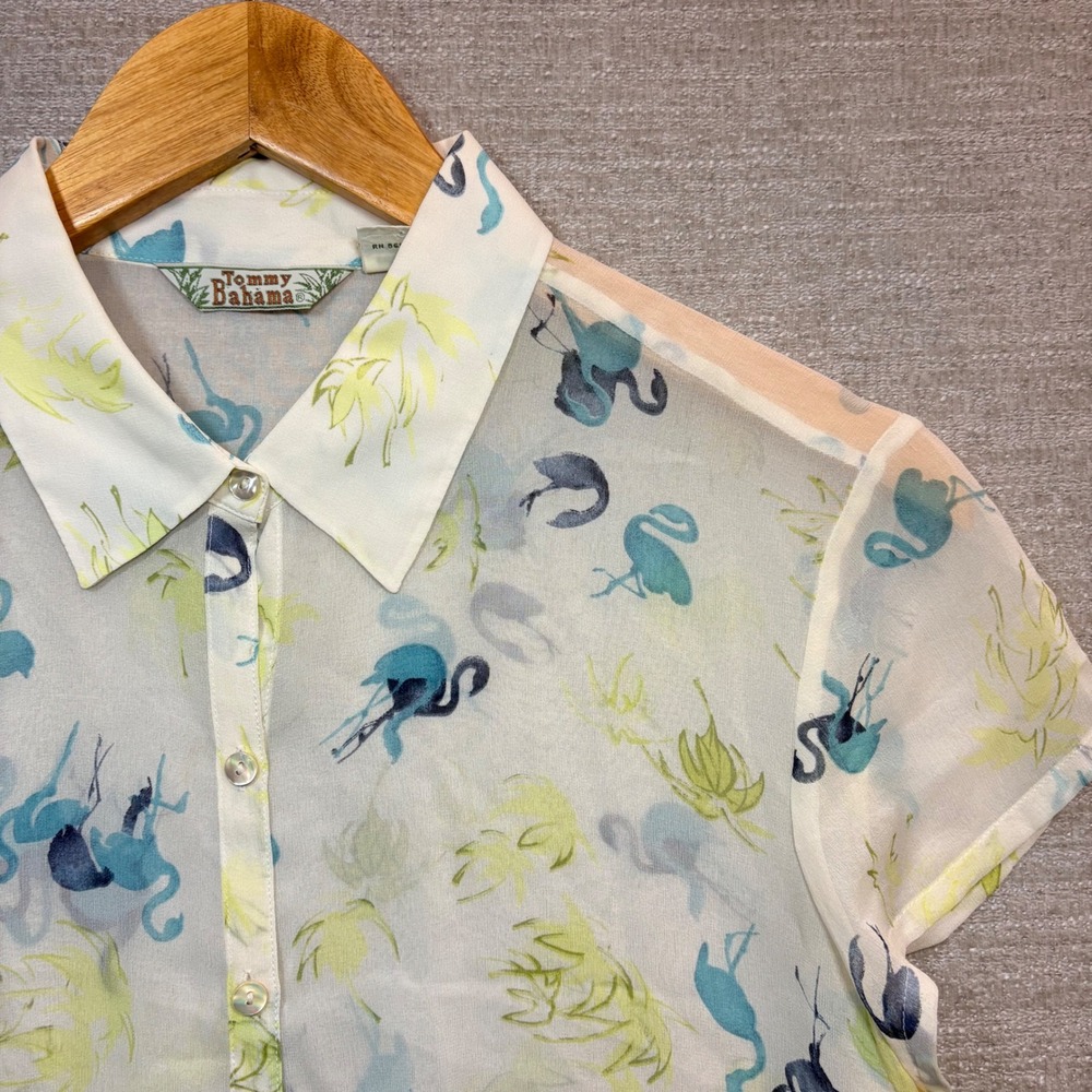 Tommy Bahama Vintage 100% Silk Watercolor Flamingos Button Down Shirt M 8/10